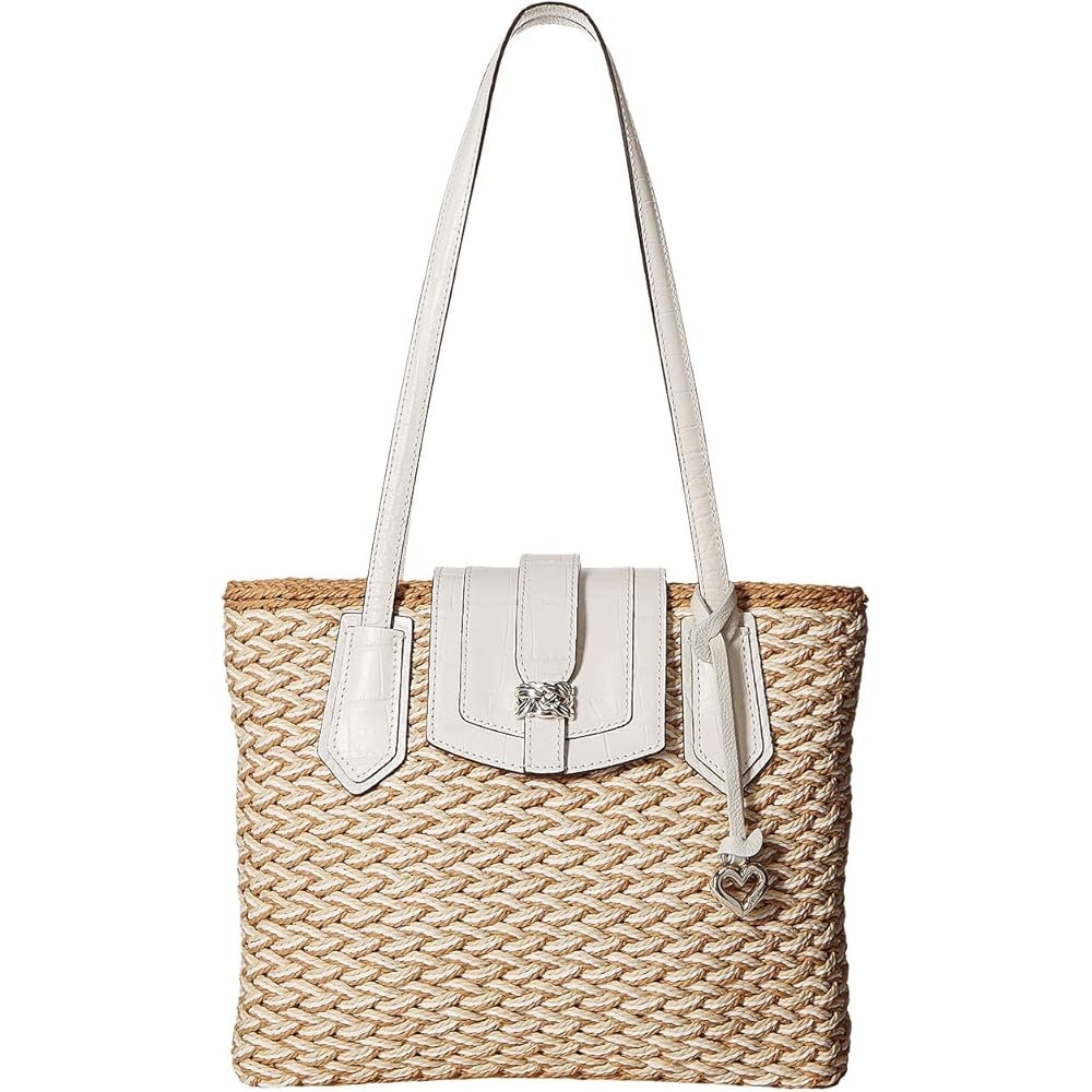 Brighton Woven White and Tan Woven Straw and Leather Magnetic Tote Bag